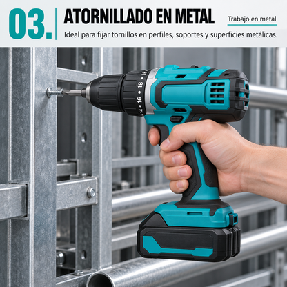 Taladro Inalámbrico 48V con 2 Baterías + Kit de Brocas y Puntas