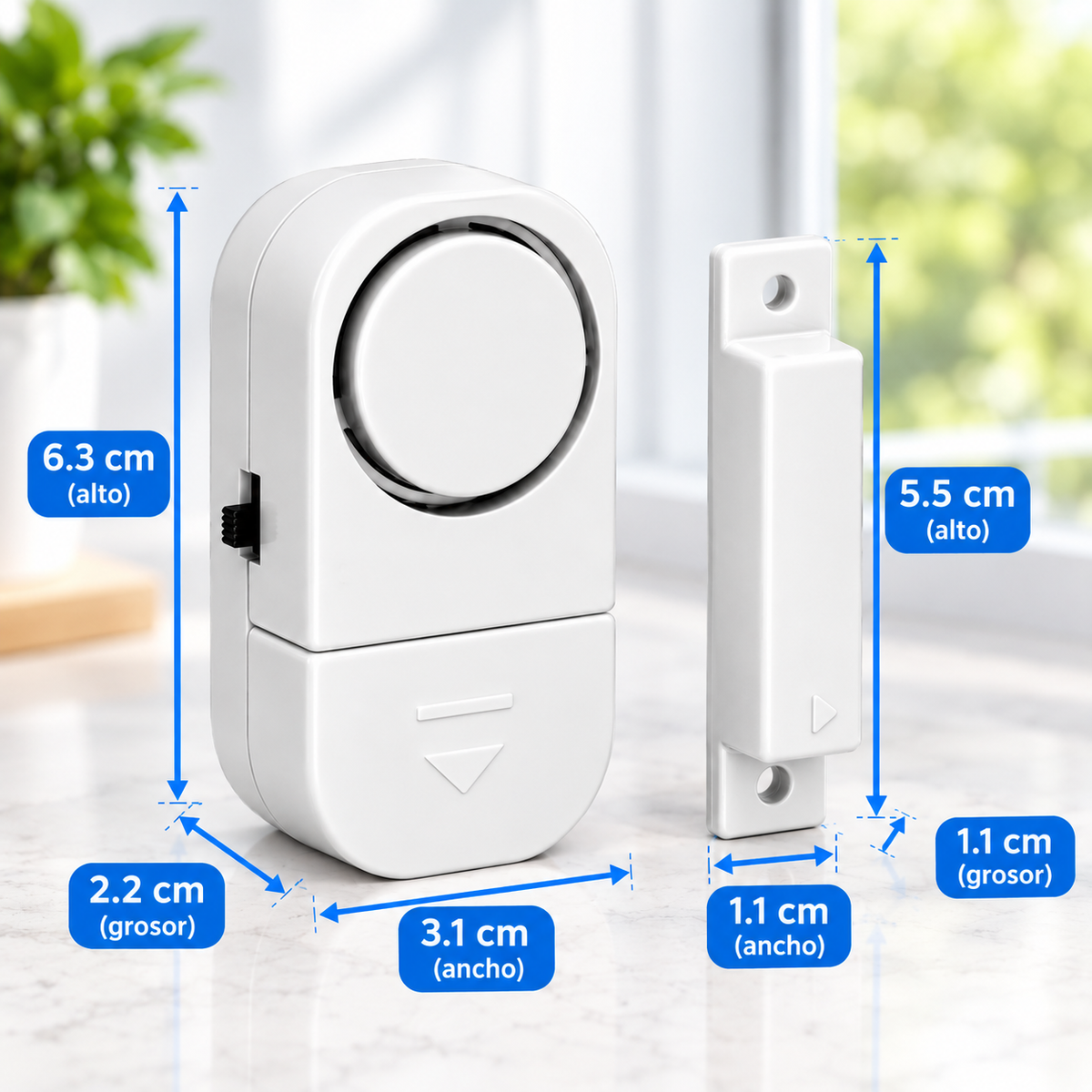 Sensor magnético con alarma antirrobo para puertas y ventanas