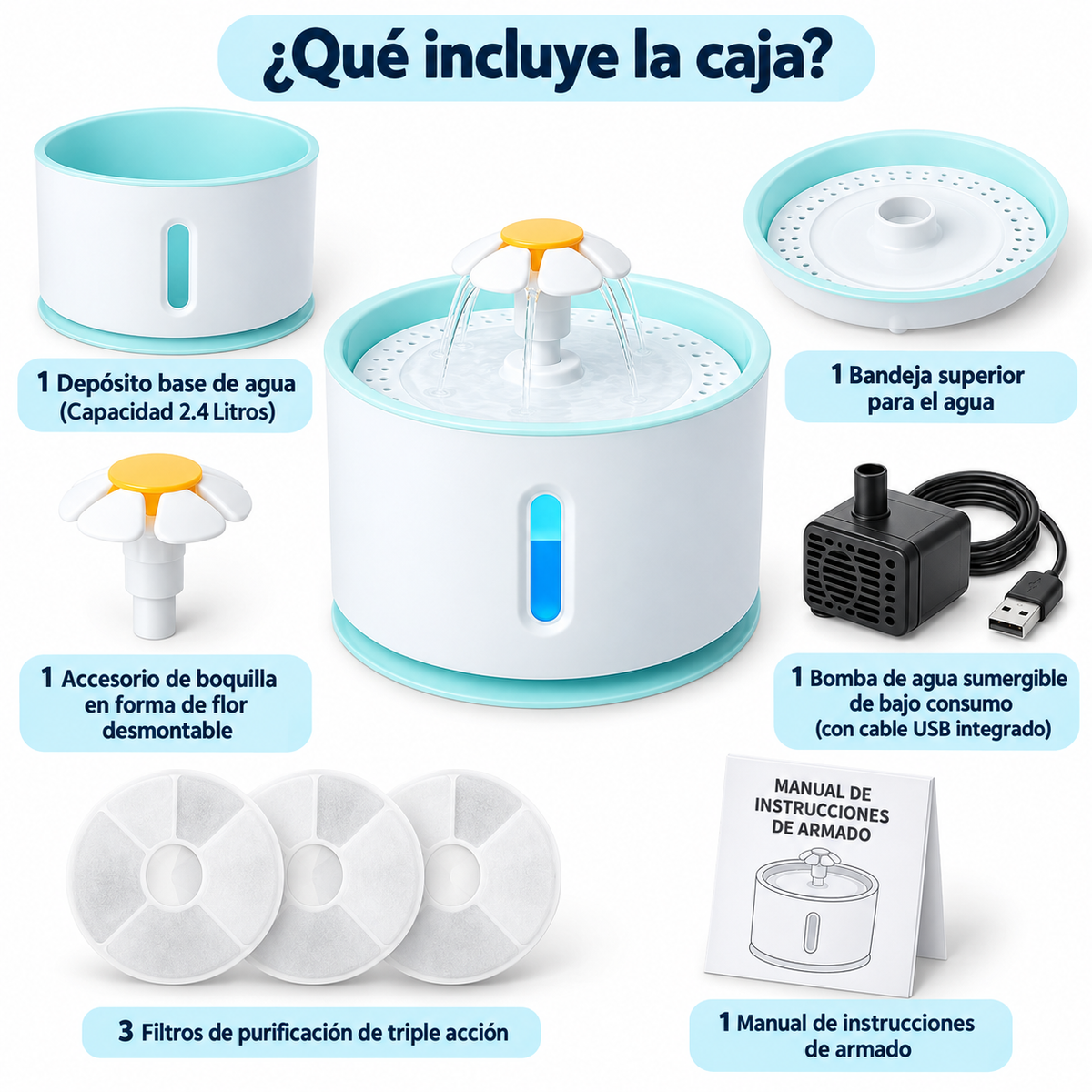 Fuente de agua eléctrica con luz LED para mascotas - 2.4 litros