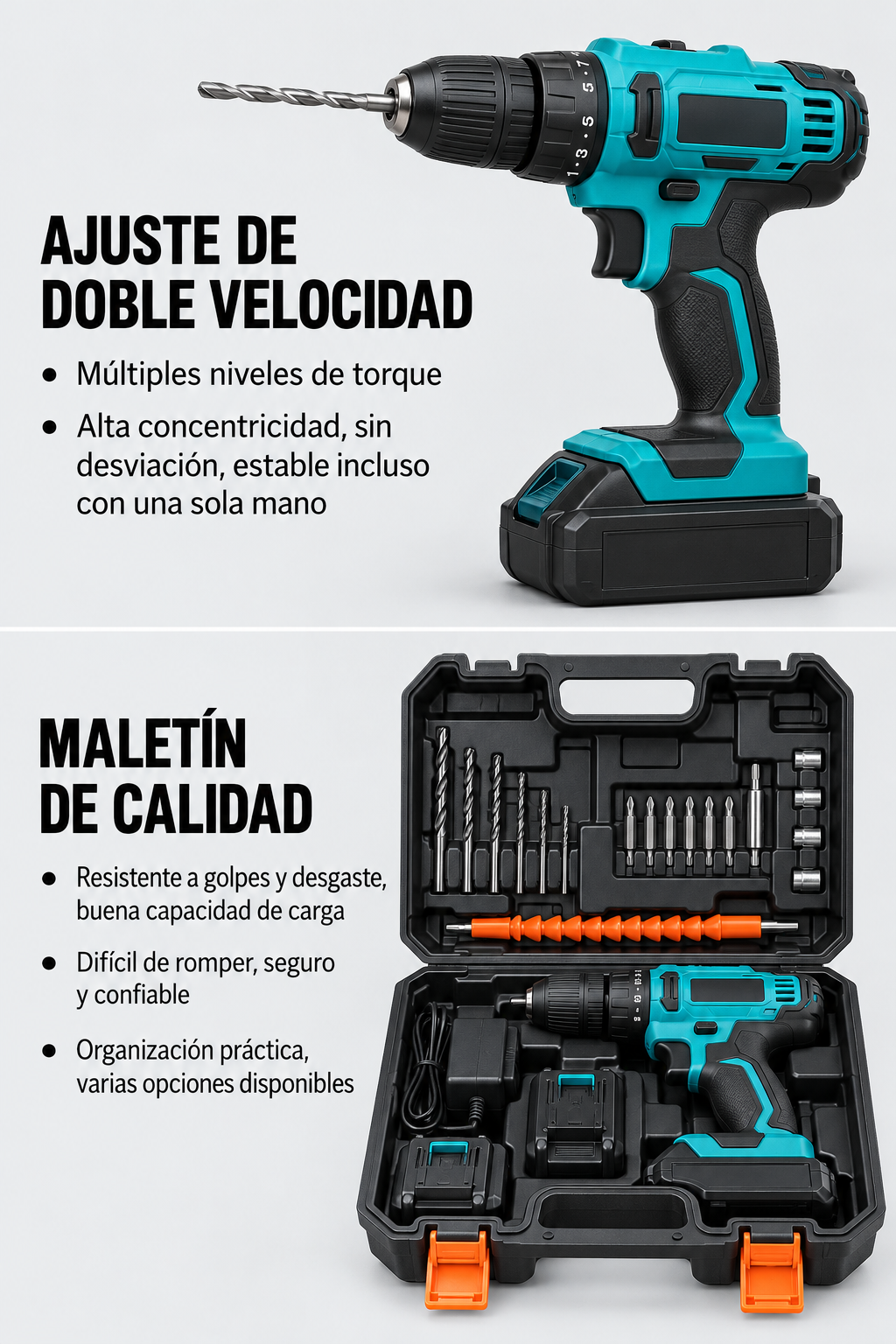Taladro Inalámbrico 48V con 2 Baterías + Kit de Brocas y Puntas