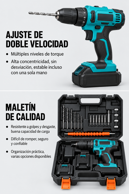 Taladro Inalámbrico 48V con 2 Baterías + Kit de Brocas y Puntas